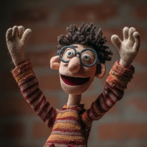 Same puppet as reference now smiling with arms raised