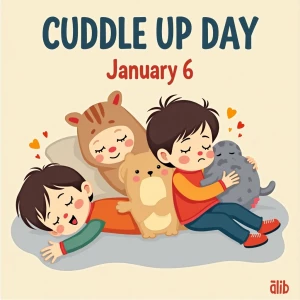 Banner states, 
“National Cuddle Up Day
January 6”
(Cartoon styl...