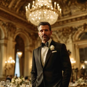 A distinguished man with a dark beard stands confidently in an o...