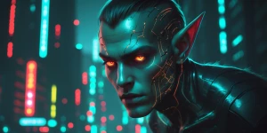 In the midst of a neon-lit dystopian cityscape, a retro-futurist...