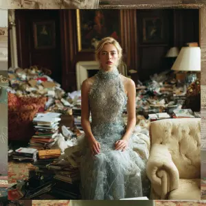 a woman wearing a couture dress but in a home setting with a mes...