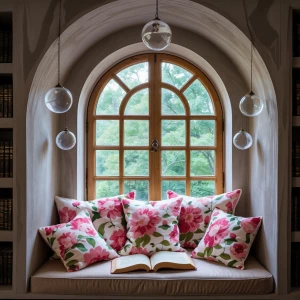 Arched Window Nook with Flower Pillows
A deep-set window carved...