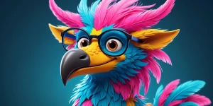 Create a whimsically eccentric griffin character with mismatched...