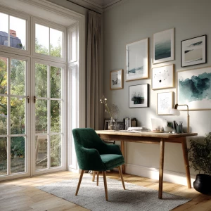 Create a minimalist yet vibrant Scandinavian home office featuri...