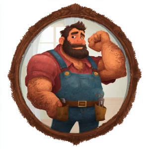 Create an image of a muscular and hairy handyman admiring himsel...