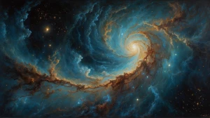 Entwined galaxies dance in a celestial pas de deux, their vibran...