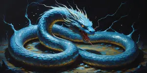 In the center of the chaotic canvas, an archetypal quantum serpe...