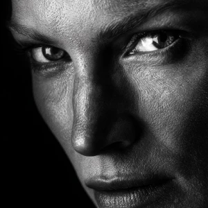 Ultra realistic big close-up portrait of Uma Thurman, black and...