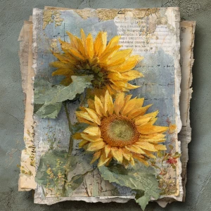 Rustic sunflower junk journal page, oversized sunflower blooms a...