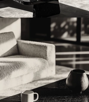 monochrome luxury living room, matte black furniture, cream bouc...