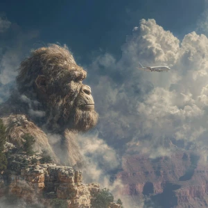 A large humanoid looking hair covered sasquatch looking up to a...