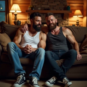 Two muscular men, John and Bobby, both with beards, displaying a...