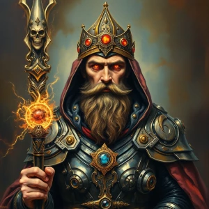 A paradoxically regal yet worn retro-futuristic sorcerer, radiat...