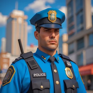 A police man waring a sky blue