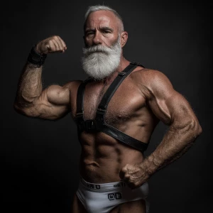 The image depicts a muscular, gray bearded man posing in a mascu...