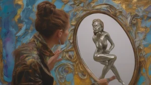 A humanoid figure sculpted from clay is positioned in front of a...