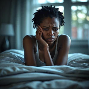 A realistic DSLR photograph of a sad Black woman sitting on the...