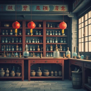 Ancient Chinese laboratory, moonlightSlow push-in