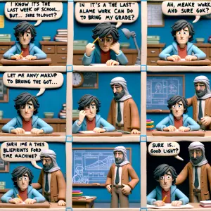 A young skater-type kid is sitting in a classroom. He mouths the...