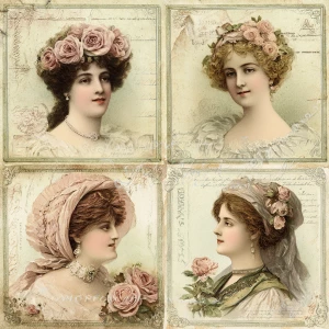 Victorian Mauve Rose Portraits – 4 Cards (Antique Roses & Ladies...