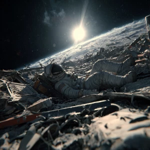 The abandoned body of an astronaut, his spacesuit torn and his m...