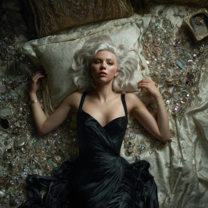 A beautiful woman (pale, icy platinum hair, confident, elegant,...