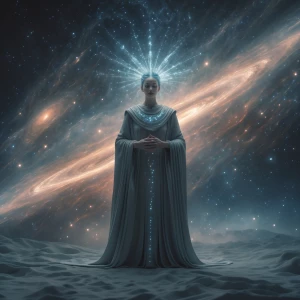 In a cosmic realm awash with stardust and ethereal light, a rega...