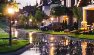 cinematic nighttime cul-de-sac, gated suburban community, luxury...