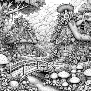 Highly detailed black-and-white line art of a whimsical fairy ga...