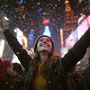 A young woman joyfully celebrating New Year's Eve amidst the vib...