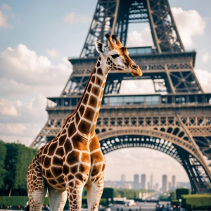 A giraffe standing infront of eiffel tower