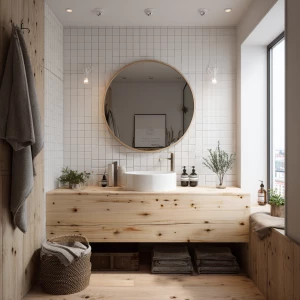 Create an image of a compact Nordic bathroom featuring a pine wo...