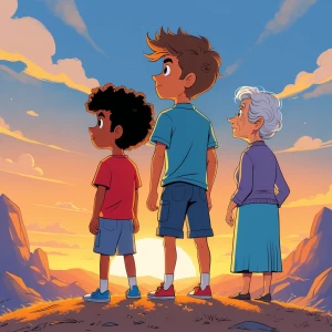 Three diverse characters (a child, a young man, an elderly woman...