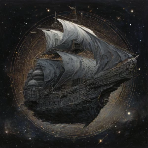 A hauntingly colossal darkwave-driven galaxy galleon, wreathed i...