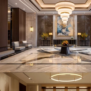 ultra-realistic photo of a luxury apartment lobby, open layout w...
