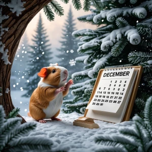 Visualize a charming animate a lifelike Guinea pig, catching sno...