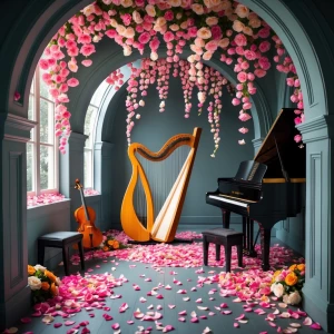 Petal-Strewn Music Nook
A mini music room with a grand harp and...