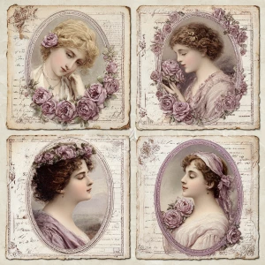 Victorian Mauve Rose Cameos – 4 Medallion Cards (Antique Portrai...