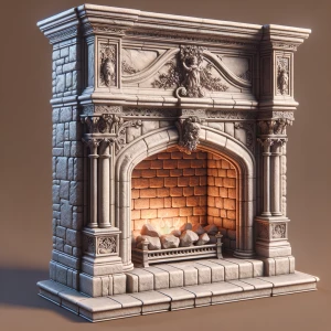 Generate an image of a stone-built fireplace with intricate carv...