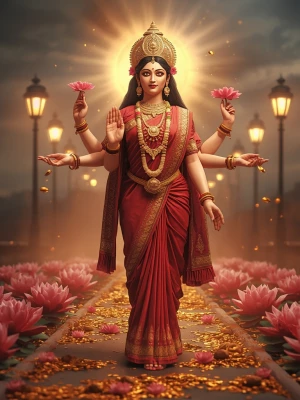 A hyper realistic 3D full-body artwork of Goddess Lakshmi walkin...