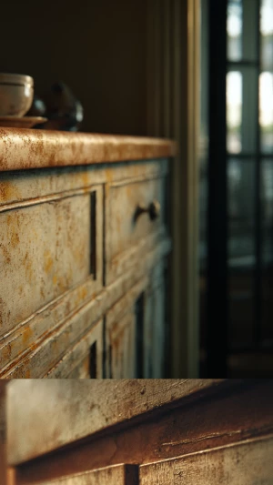 Capture an intimate view of worn-out kitchen cabinets showcasing...