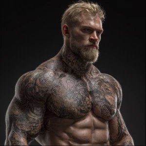 Generate an image of a strong male bodybuilder with blonde hair...