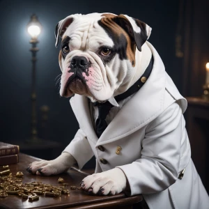 Create an image of a female Alapaha Blueblood Bulldog detective...
