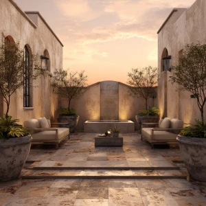 Create an image of an outdoor courtyard featuring marble floorin...