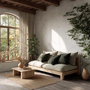 Create a Scandinavian living room featuring oak wood furniture,...