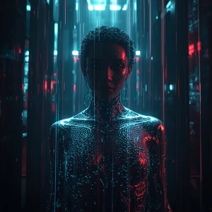 In the depths of a neon-lit cyberpunk metropolis, a flickering h...