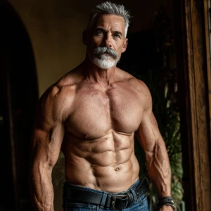 The image depicts a muscular,bodybuilder Italian man gray hair a...