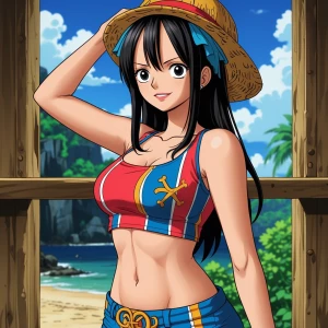 Genrat a photo of nami whit pekini from one piece