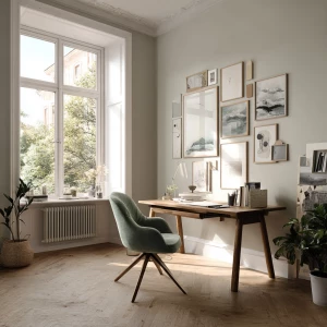 Create a minimalist yet vibrant Scandinavian home office featuri...