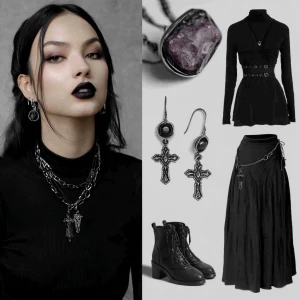 Create an image of a goth girl with dark makeup, a black wardrob...